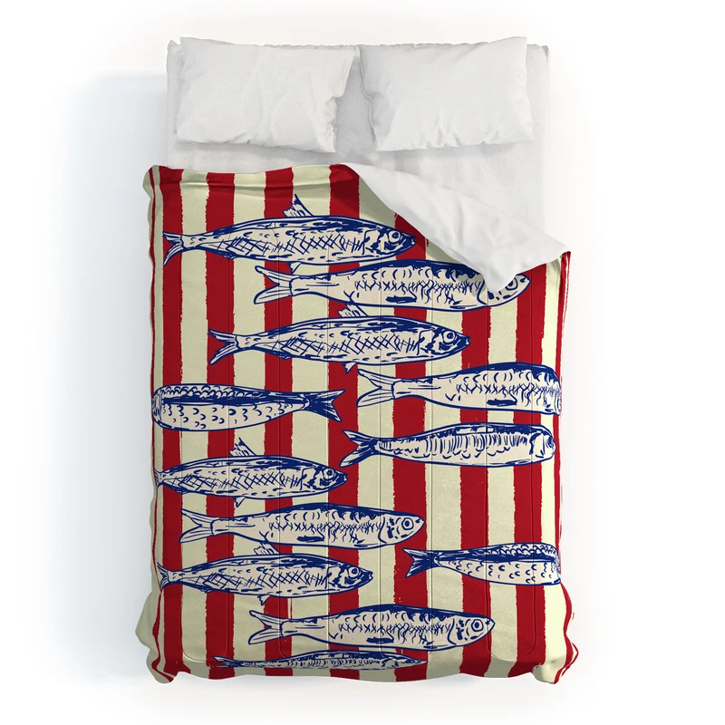 Sardines with Red Stripes Mediterranean Retro Fish Comforter