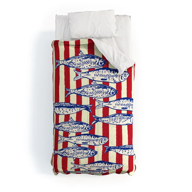 Sardines with Red Stripes Mediterranean Retro Fish Comforter