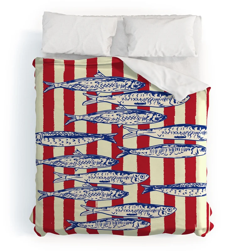 Sardines with Red Stripes Mediterranean Retro Fish Duvet Cover