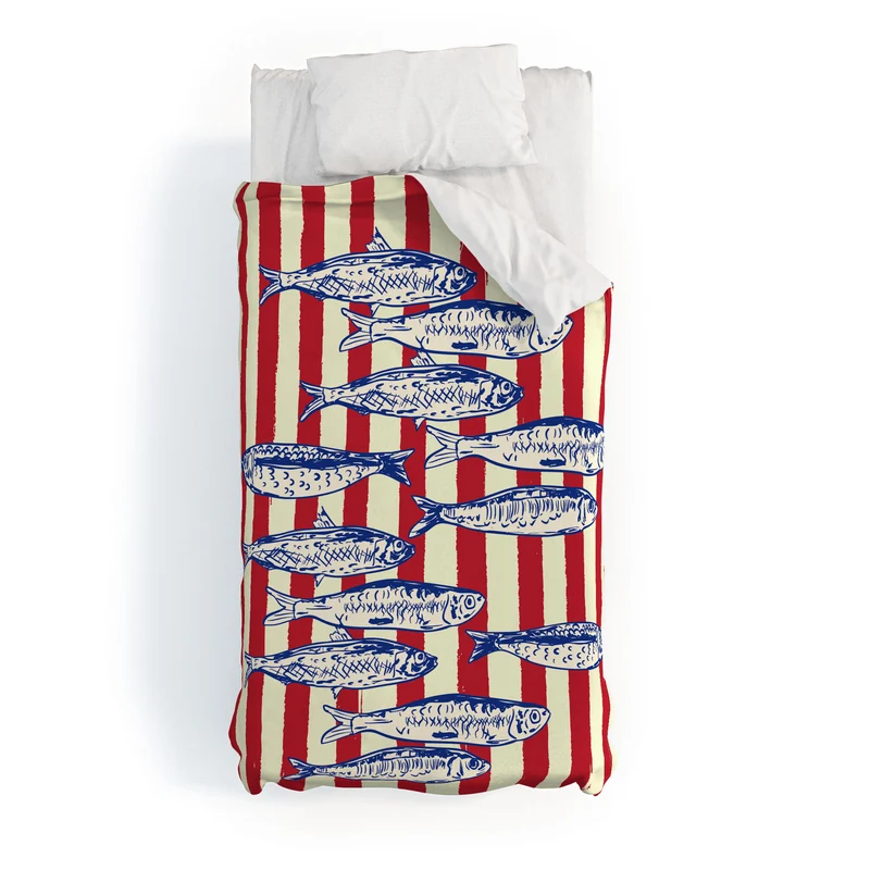 Sardines with Red Stripes Mediterranean Retro Fish Duvet Cover