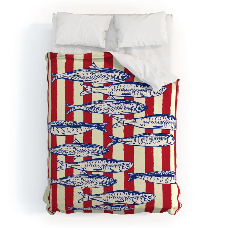 Sardines with Red Stripes Mediterranean Retro Fish Duvet Cover