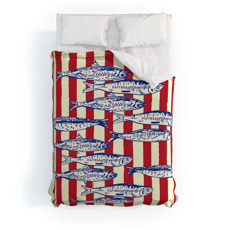 Sardines with Red Stripes Mediterranean Retro Fish Duvet Cover