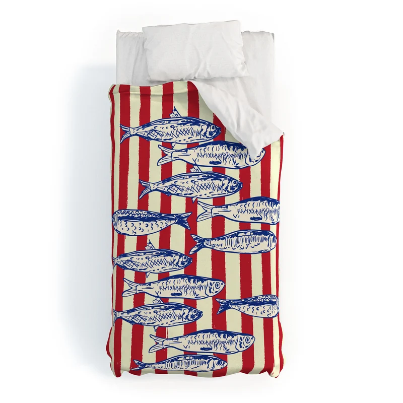 Sardines with Red Stripes Mediterranean Retro Fish Duvet Cover