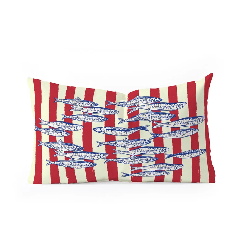 Sardines with Red Stripes Mediterranean Retro Fish Rectangular Pillow