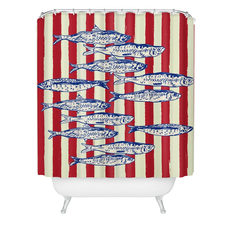 Sardines with Red Stripes Mediterranean Retro Fish Shower Curtain