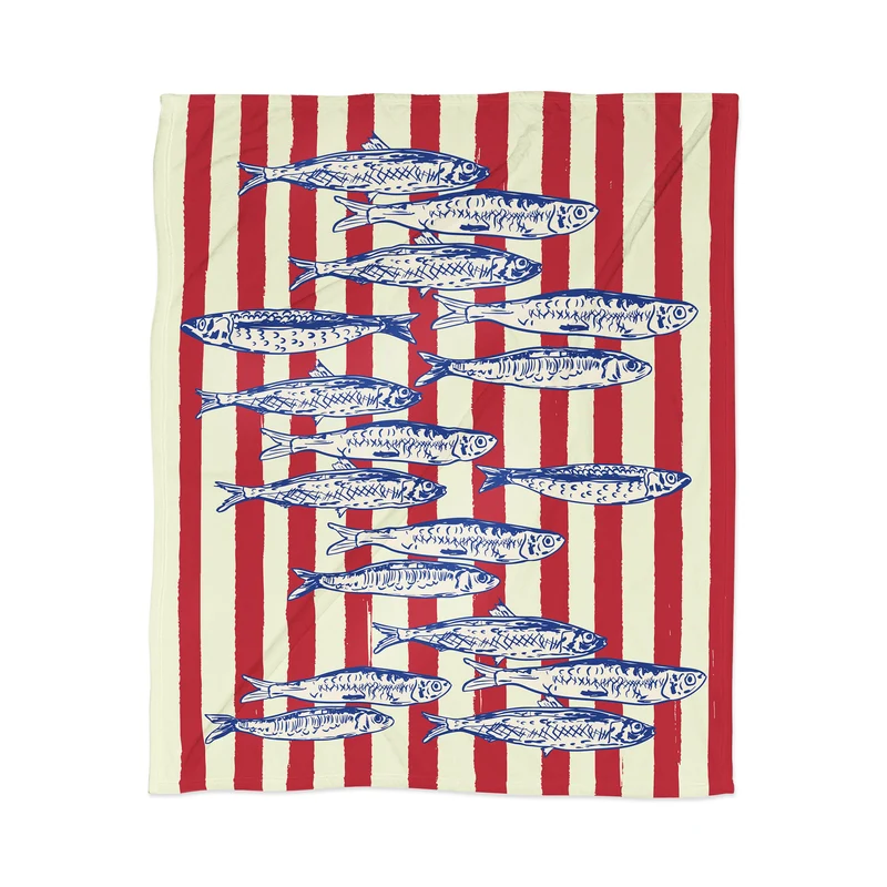 Sardines with Red Stripes Mediterranean Retro Fish Throw Blanket