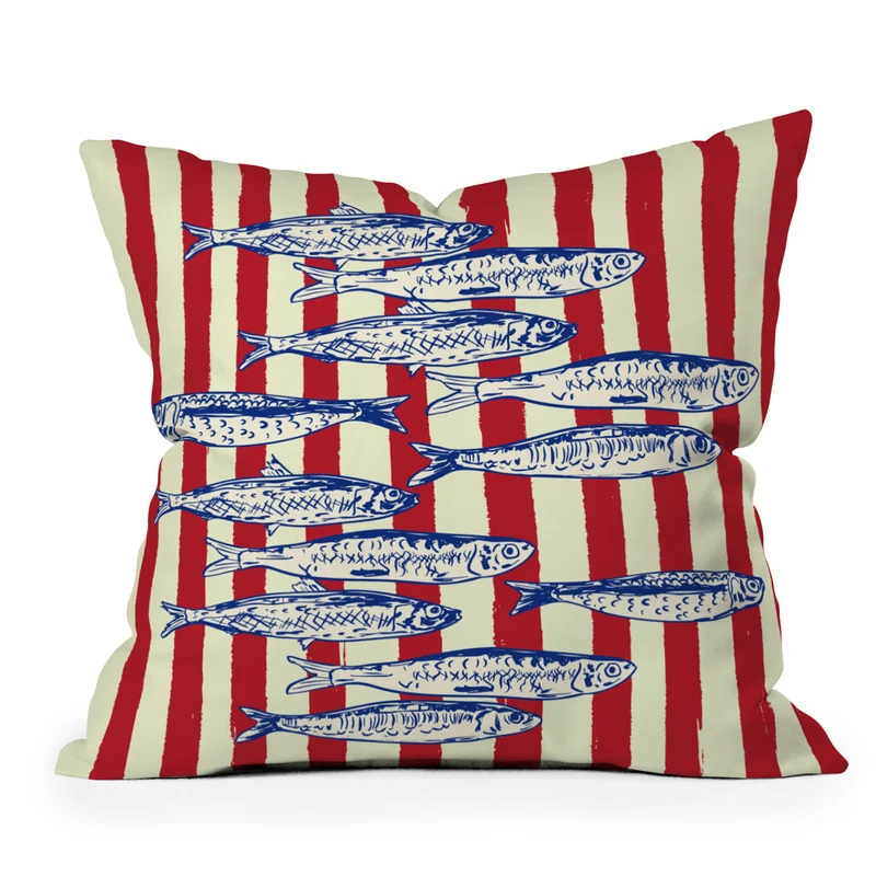 Sardines with Red Stripes Mediterranean Retro Fish Throw Pillow