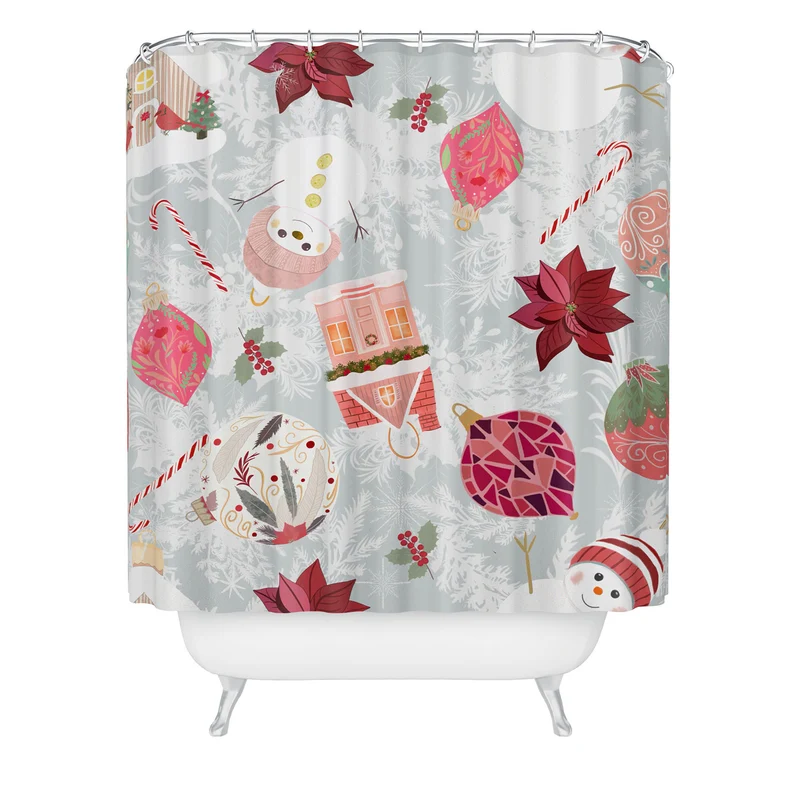 Festive Holiday Cheer with Snowmen and Poinsettias Shower Curtain