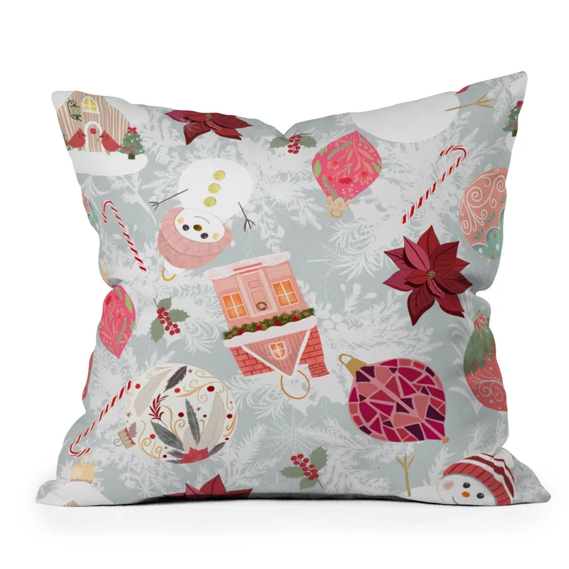 Festive Holiday Cheer with Snowmen and Poinsettias Throw Pillow