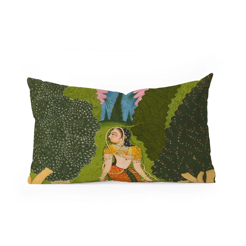 Ragamala Indian Miniature Peacock Garden Rectangular Pillow