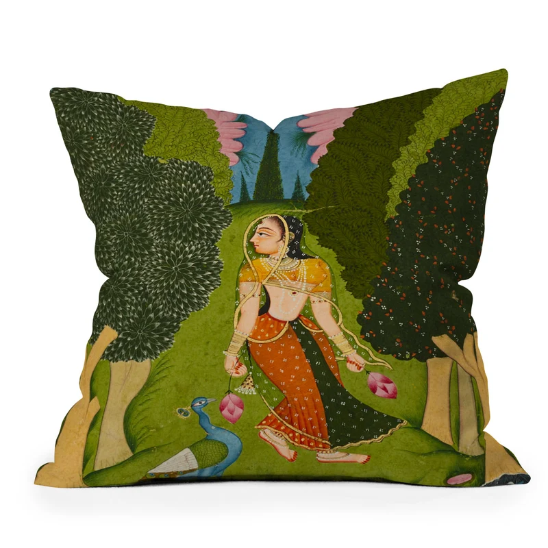 Ragamala Indian Miniature Peacock Garden Throw Pillow