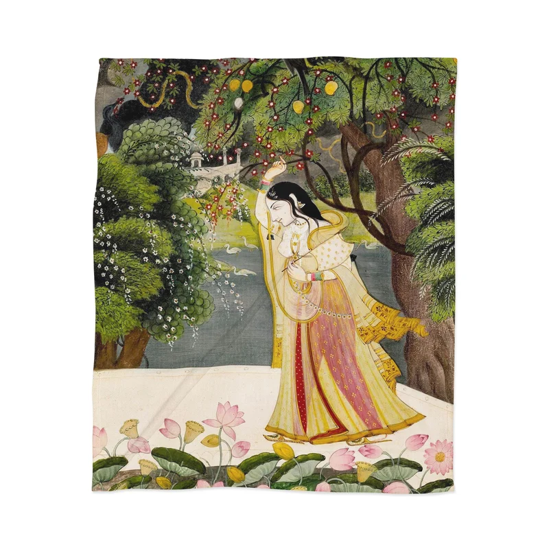 Virahini Nayika Indian Miniature Art Throw Blanket