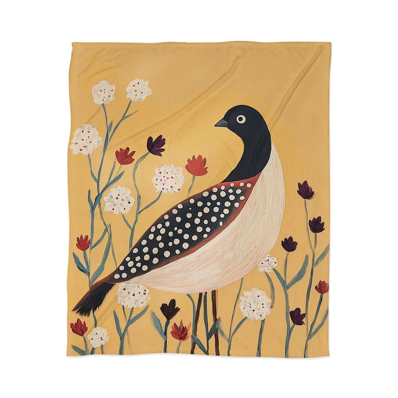 Spotted Folk Bird in Wildflowers Throw Blanket