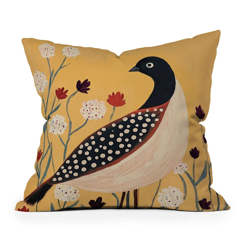 Spotted Folk Bird in Wildflowers Throw Pillow