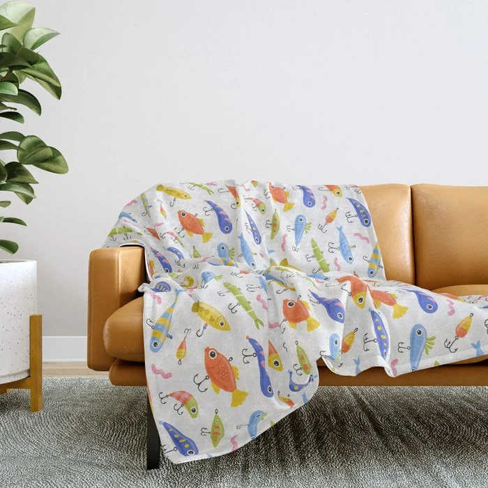 Funny colorful fish lure cartoon art pattern Throw Blanket