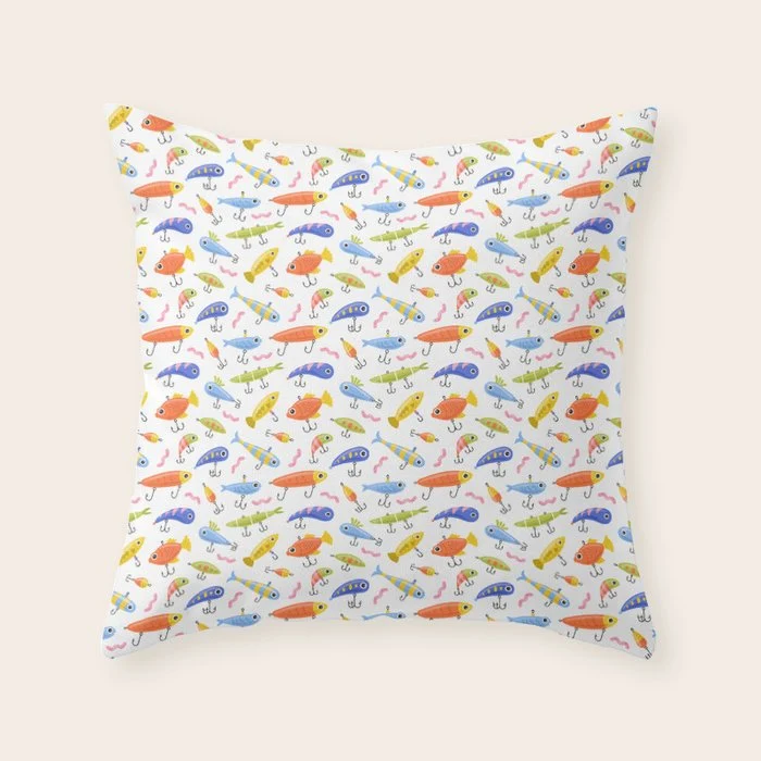 Funny colorful fish lure cartoon art pattern Throw Pillow