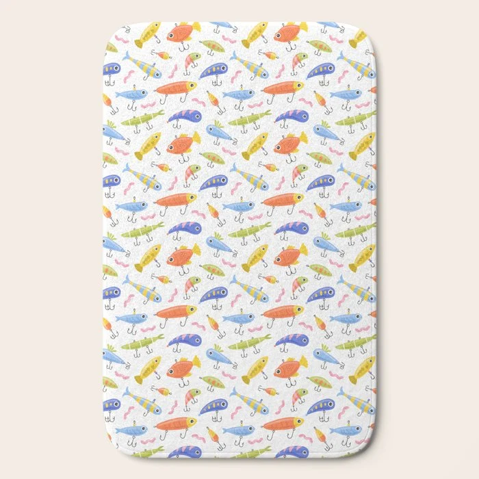 Funny colorful fish lure cartoon art pattern Bath Mat