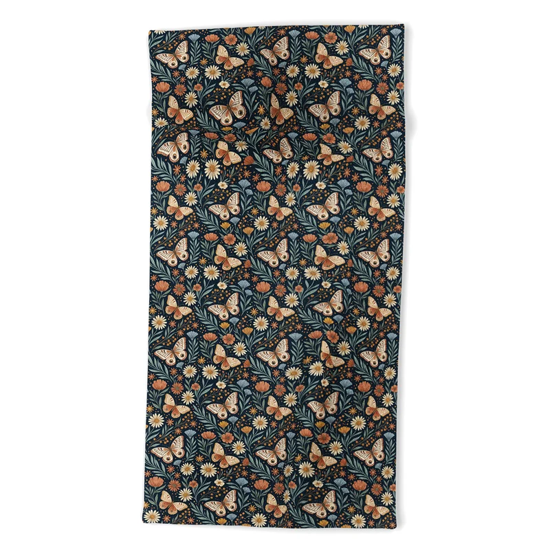 Boho Butterfly Botanical Dark Floral Pattern Bath Towel