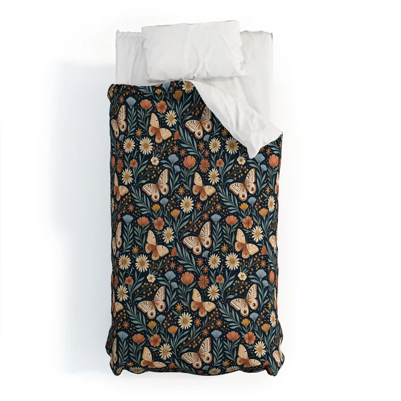 Boho Butterfly Botanical Dark Floral Pattern Comforter