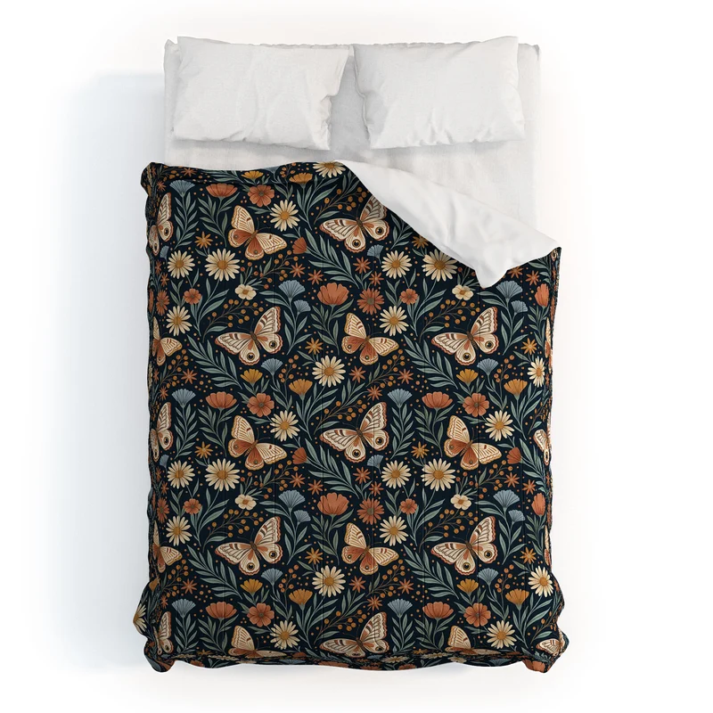 Boho Butterfly Botanical Dark Floral Pattern Comforter