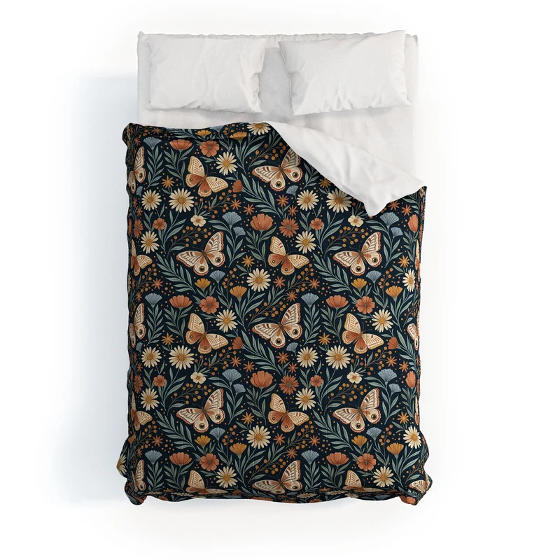 Boho Butterfly Botanical Dark Floral Pattern Comforter