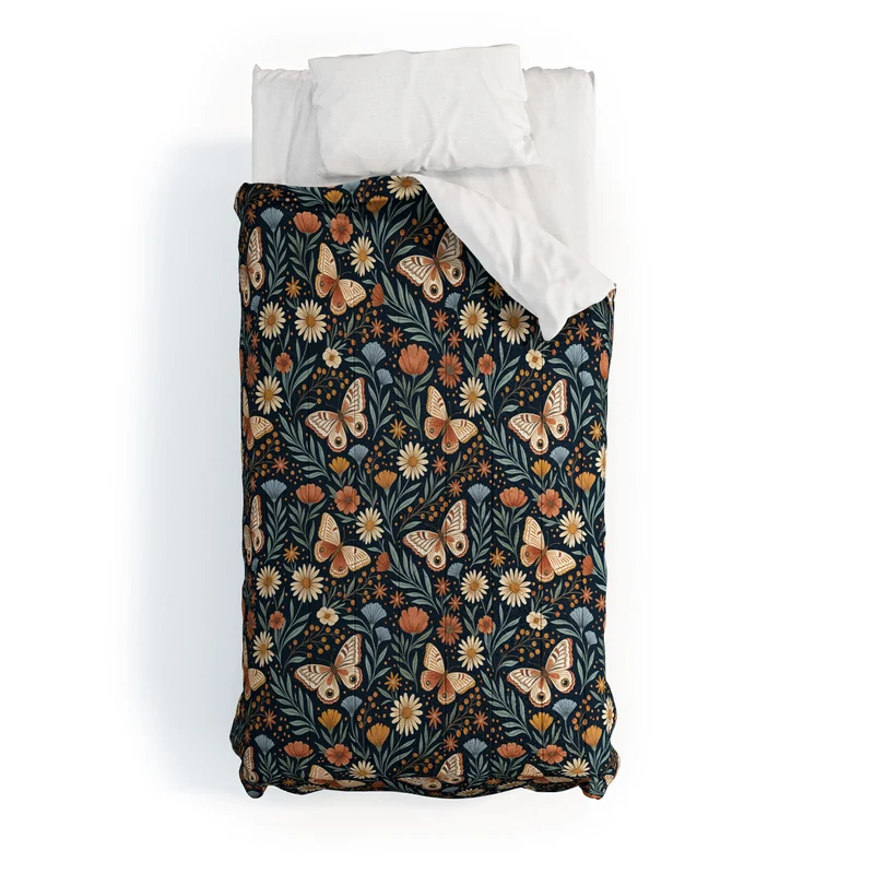 Boho Butterfly Botanical Dark Floral Pattern Comforter