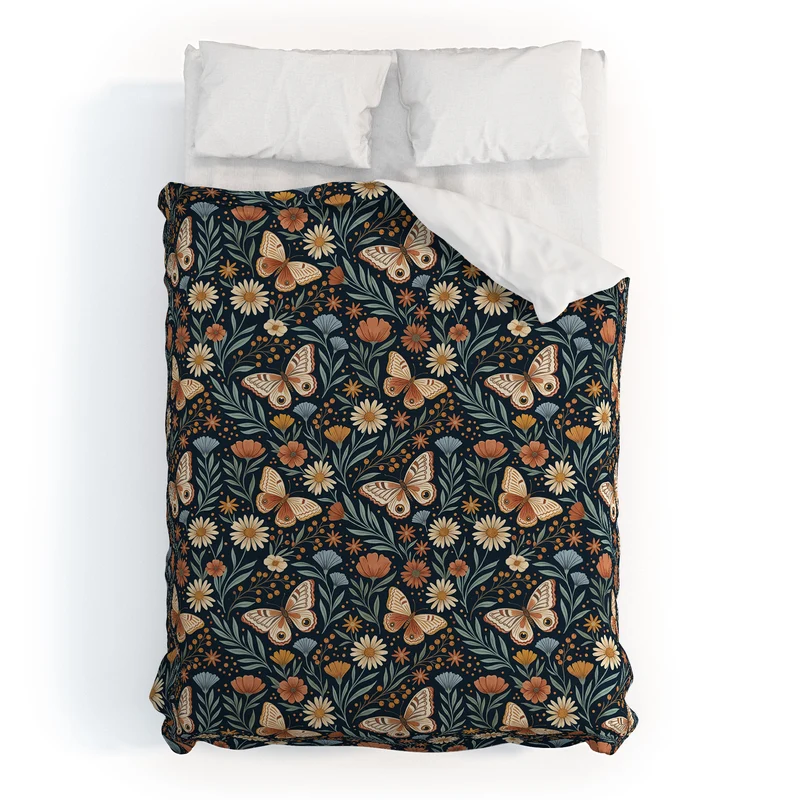 Boho Butterfly Botanical Dark Floral Pattern Duvet Cover