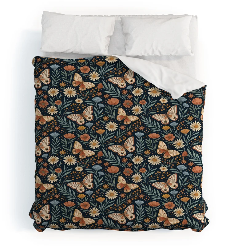 Boho Butterfly Botanical Dark Floral Pattern Duvet Cover