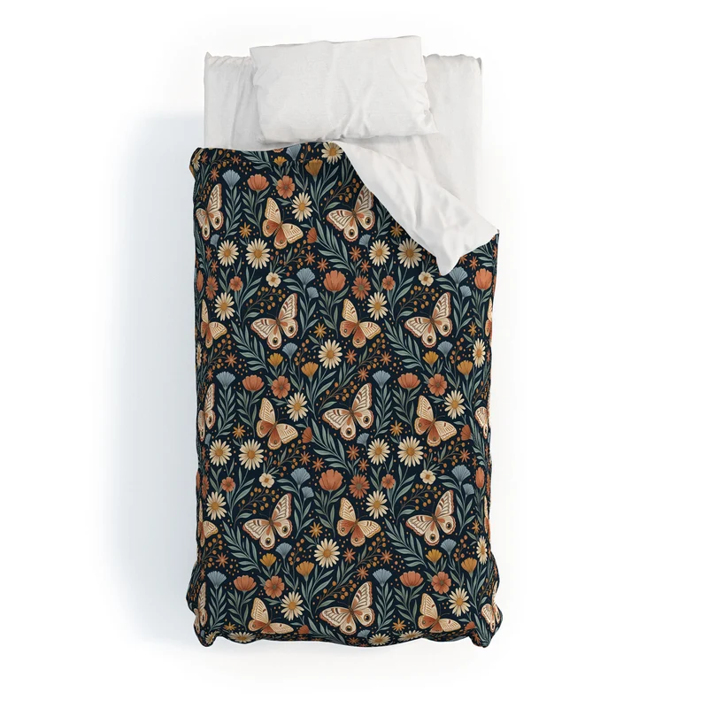 Boho Butterfly Botanical Dark Floral Pattern Duvet Cover