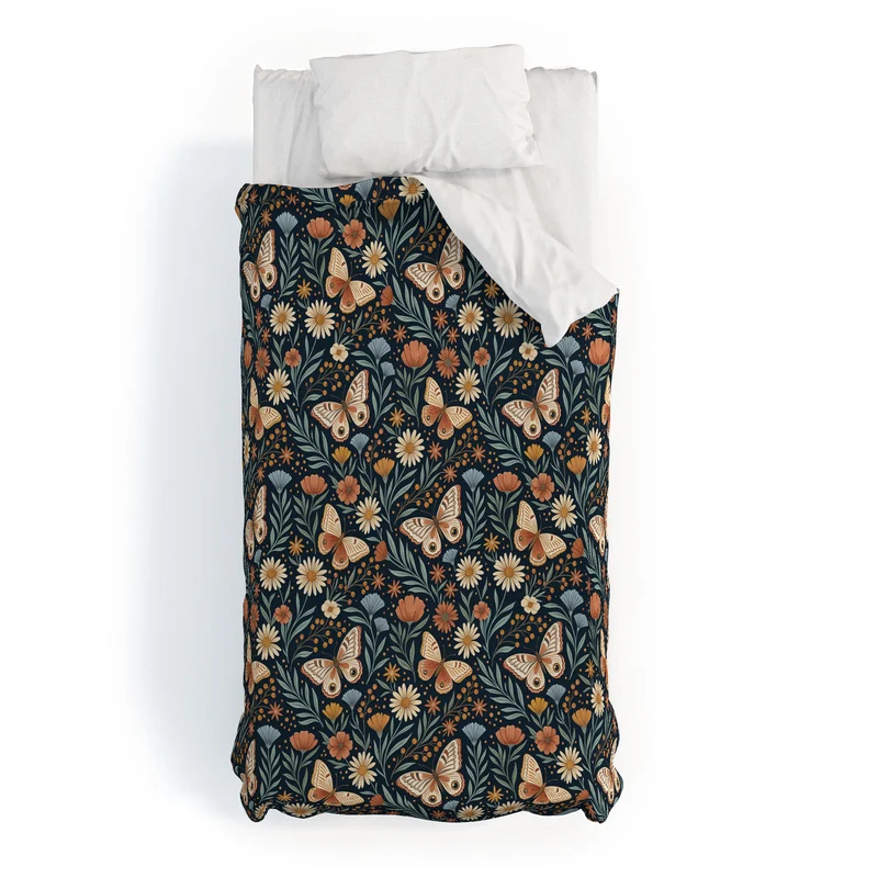 Boho Butterfly Botanical Dark Floral Pattern Duvet Cover
