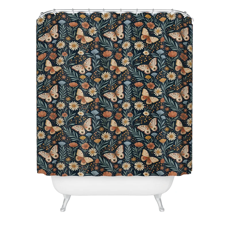 Boho Butterfly Botanical Dark Floral Pattern Shower Curtain