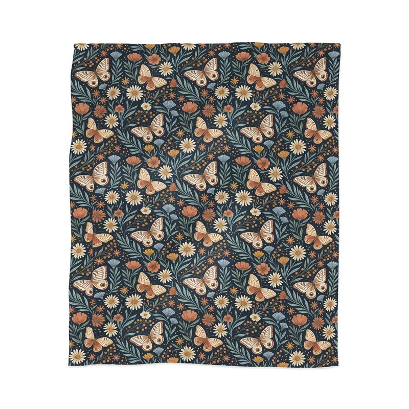 Boho Butterfly Botanical Dark Floral Pattern Throw Blanket