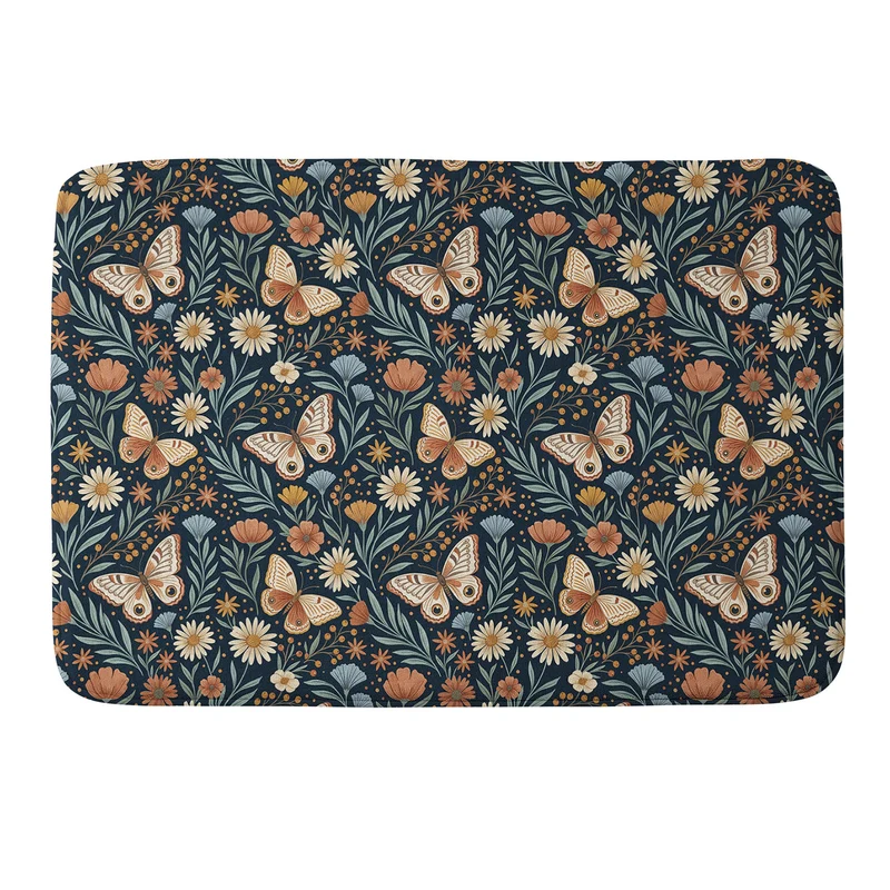 Boho Butterfly Botanical Dark Floral Pattern Bath Mat