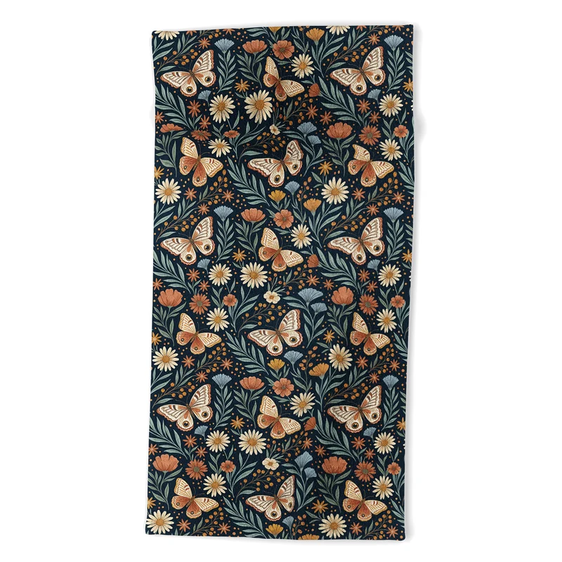 Boho Butterfly Botanical Dark Floral Pattern Bath Towel
