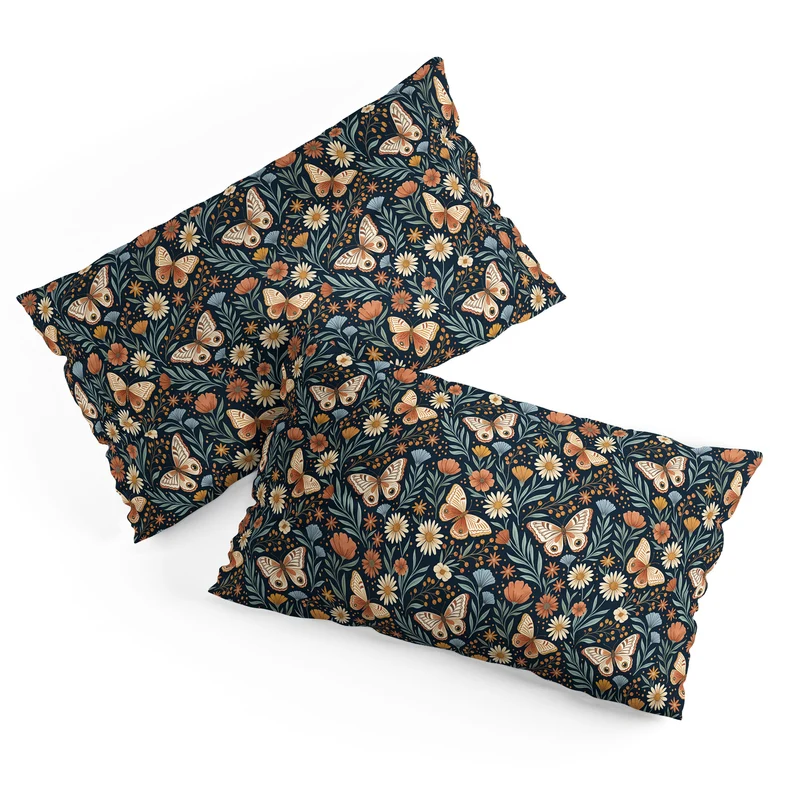Boho Butterfly Botanical Dark Floral Pattern Pillow Sham