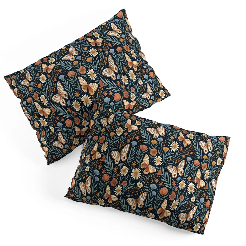 Boho Butterfly Botanical Dark Floral Pattern Pillow Sham
