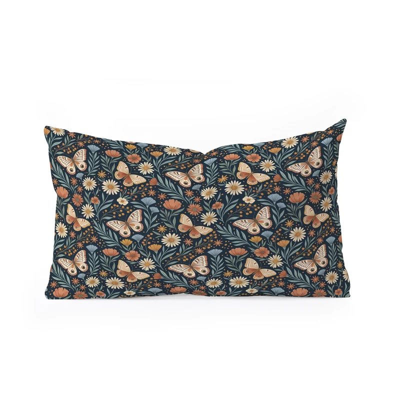 Boho Butterfly Botanical Dark Floral Pattern Rectangular Pillow