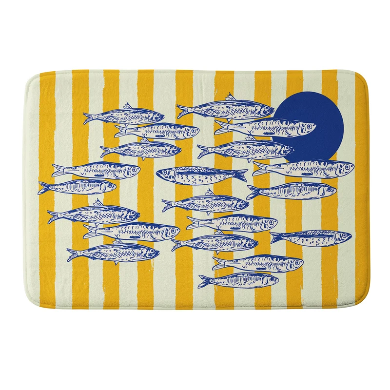 Bright Yellow Stripes and Sardines Sunset Coastal Illustration Bath Mat