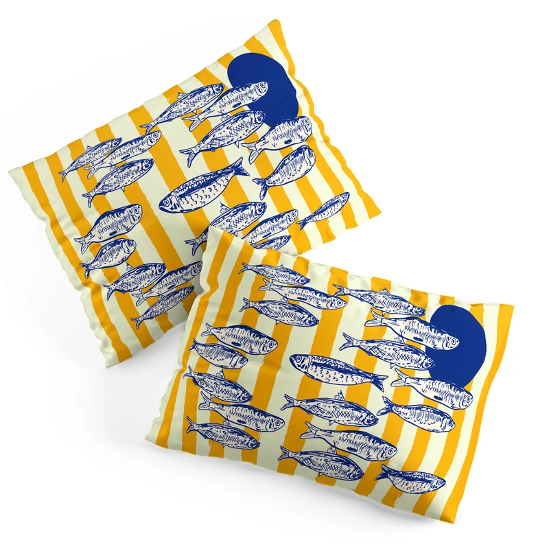 Bright Yellow Stripes and Sardines Sunset Coastal Illustration Pillow Sham