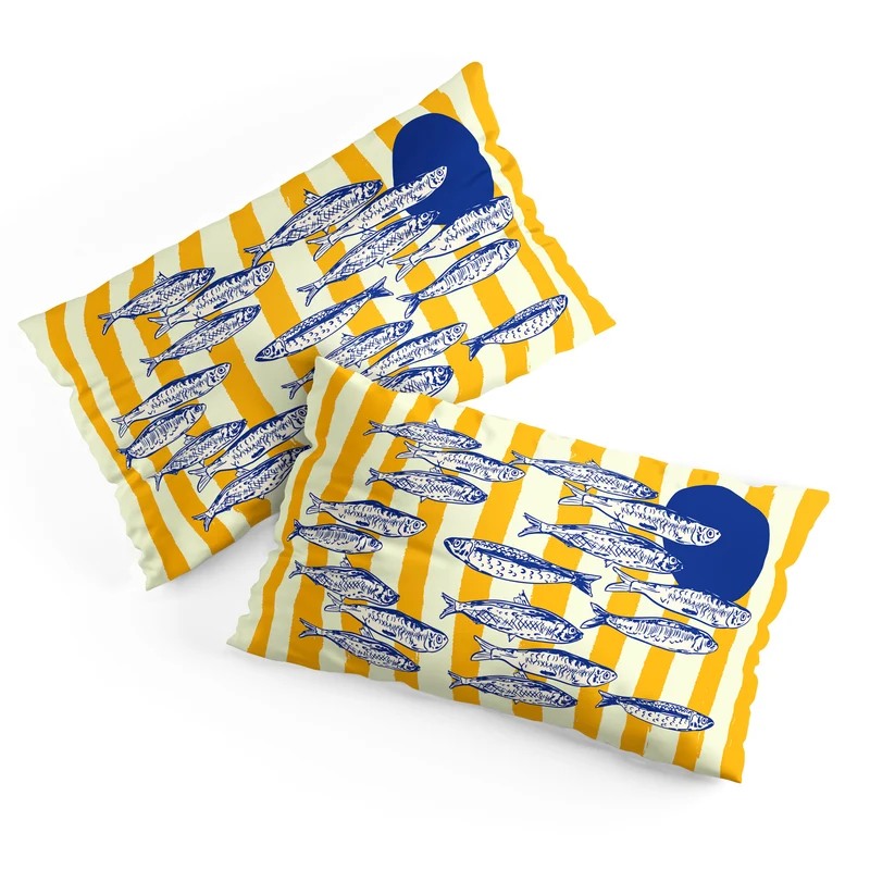 Bright Yellow Stripes and Sardines Sunset Coastal Illustration Pillow Sham