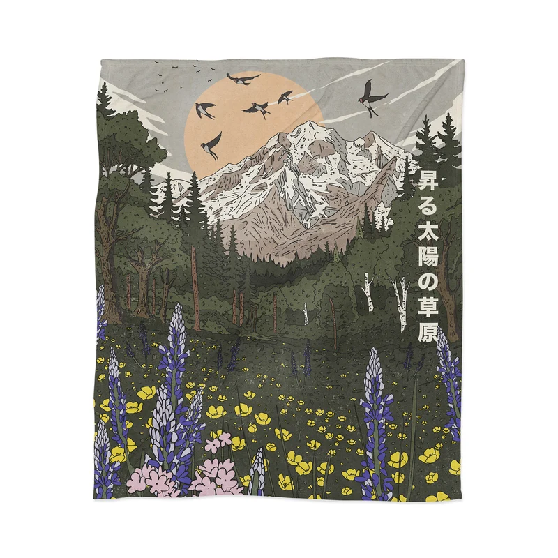 Whimsical Japanese Mountain Landscape with Birds Throw Blanket