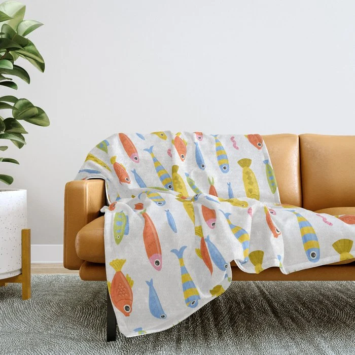Funny colorful fish cartoon art pattern Throw Blanket