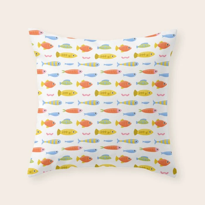 Funny colorful fish cartoon art pattern Throw Pillow