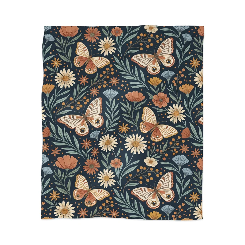 Boho Butterfly Botanical Dark Floral Pattern Throw Blanket