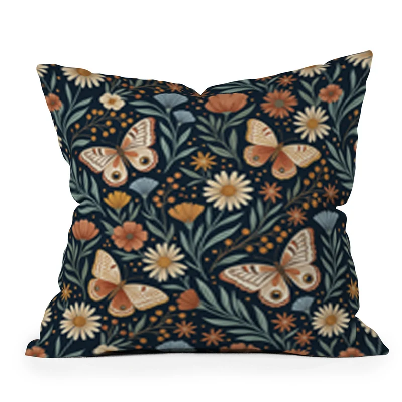 Boho Butterfly Botanical Dark Floral Pattern Throw Pillow