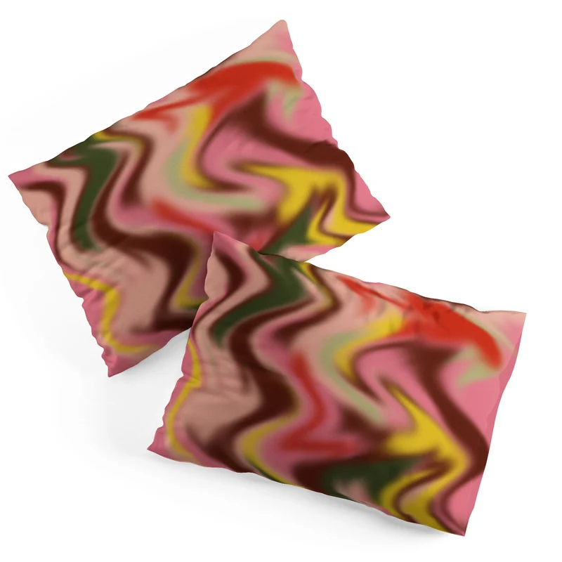 Groovy Abstract Waves in Pink Green Yellow and Red Pillow Sham