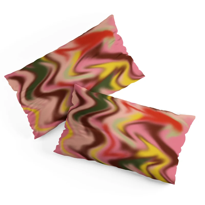 Groovy Abstract Waves in Pink Green Yellow and Red Pillow Sham