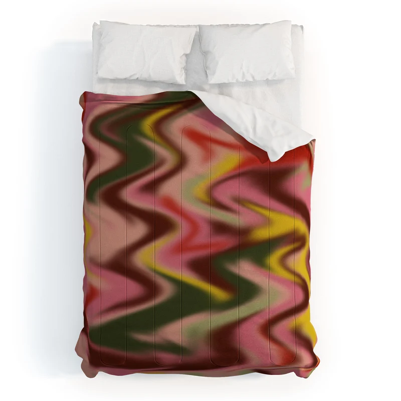 Groovy Abstract Waves in Pink Green Yellow and Red Comforter