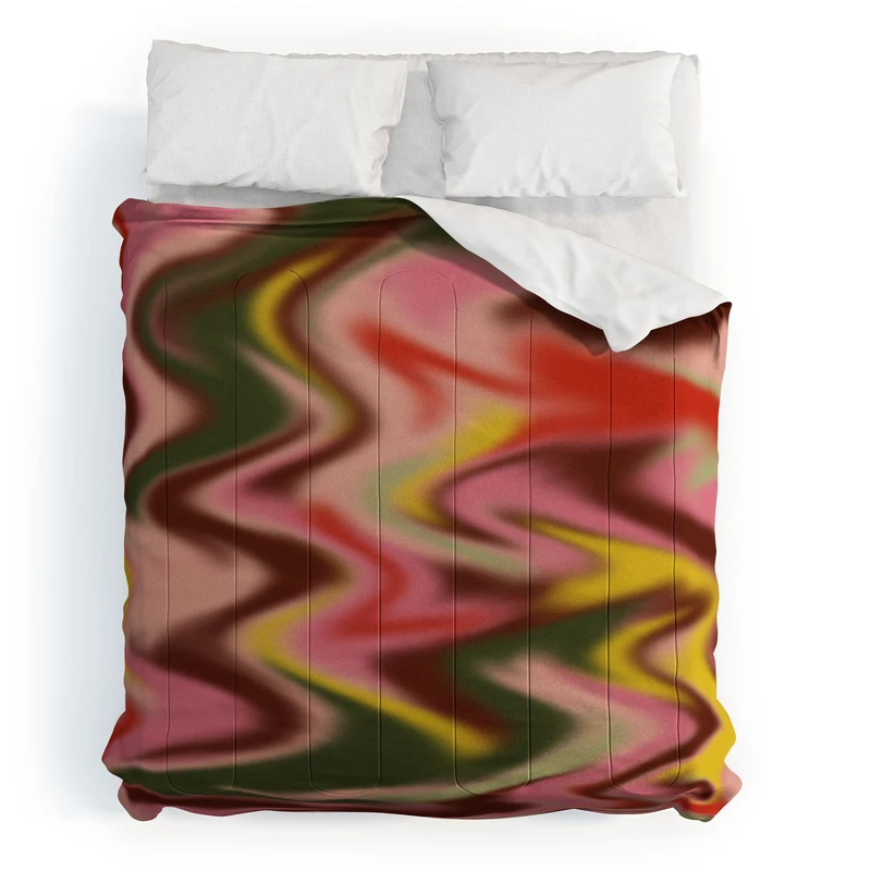 Groovy Abstract Waves in Pink Green Yellow and Red Comforter