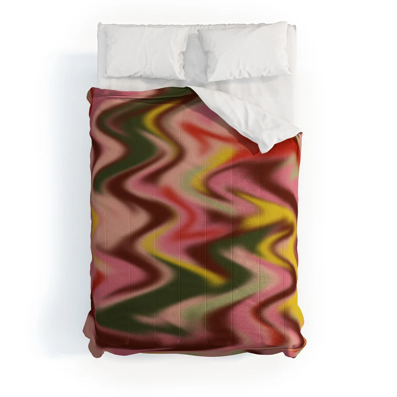 Groovy Abstract Waves in Pink Green Yellow and Red Comforter